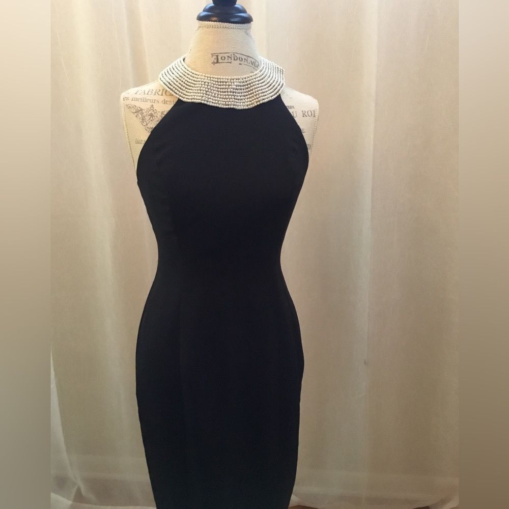 ALEX EVENING SIZE 6 VINTAGE LADIES PEARL NECK LINED FORMAL DRESS FITTED BLACK